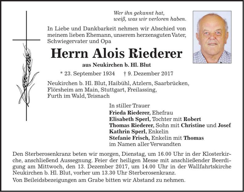 Traueranzeige Alois Riederer