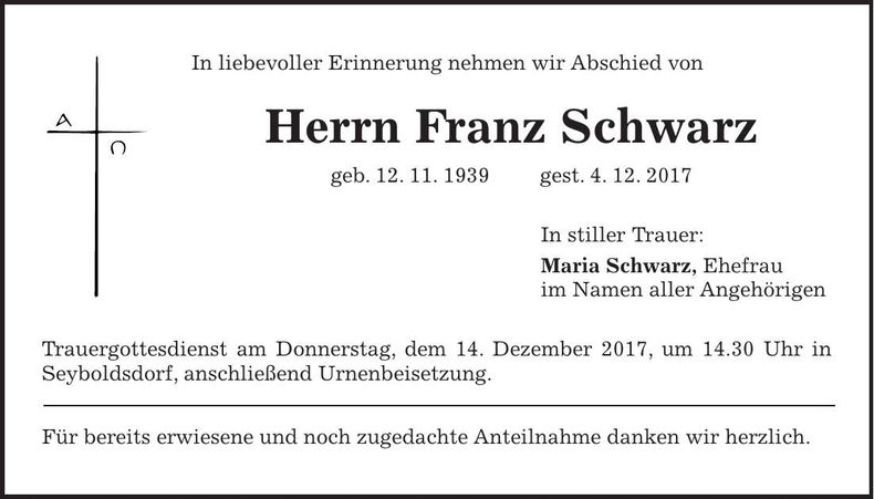 Traueranzeige Franz Schwarz