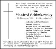 Traueranzeige Manfred Schimkowsky