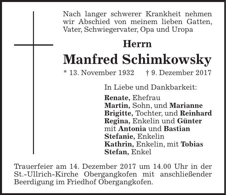 Traueranzeige Manfred Schimkowsky