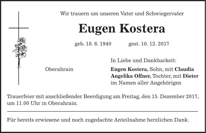 Traueranzeige Eugen Kostera