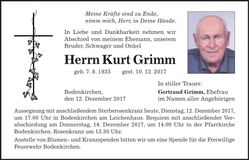 Traueranzeige Kurt Grimm