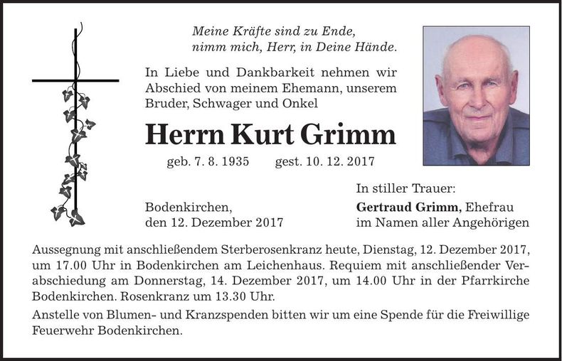 Traueranzeige Kurt Grimm
