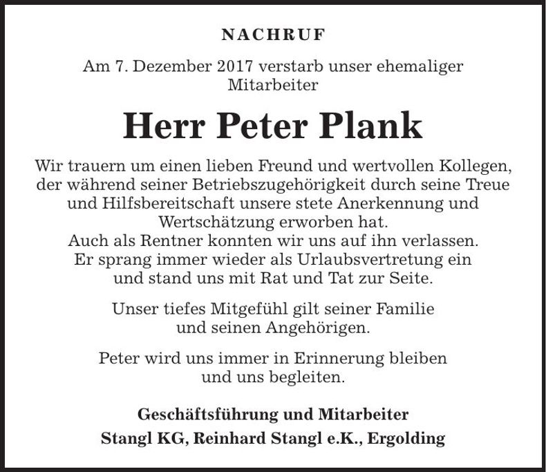 Traueranzeige Peter Plank