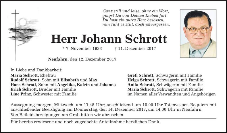 Traueranzeige Johann Schrott