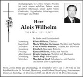 Traueranzeige Alois Wilhelm
