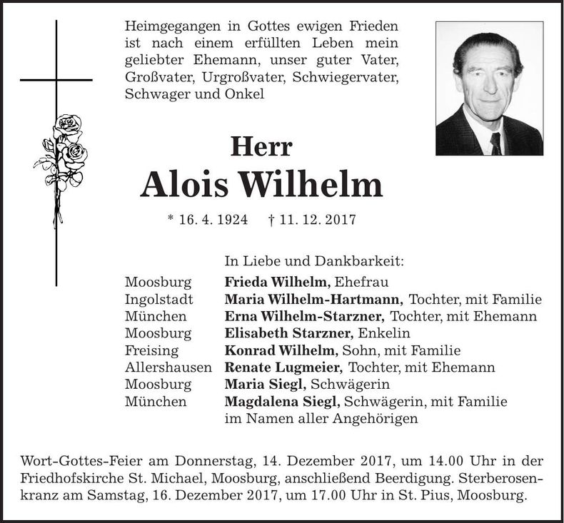 Traueranzeige Alois Wilhelm