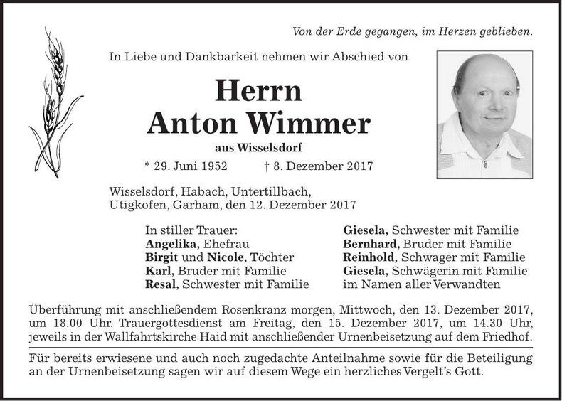 Traueranzeige Anton Wimmer