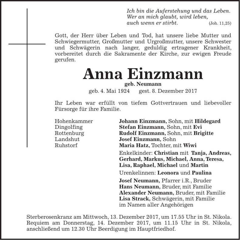 Traueranzeige Anna Einzmann