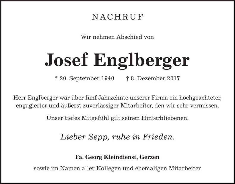 Traueranzeige Josef Englberger