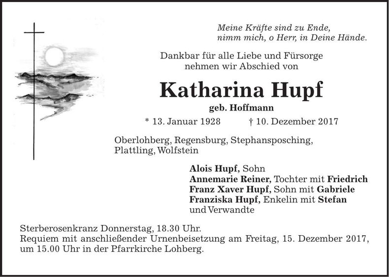 Traueranzeige Katharina Hupf