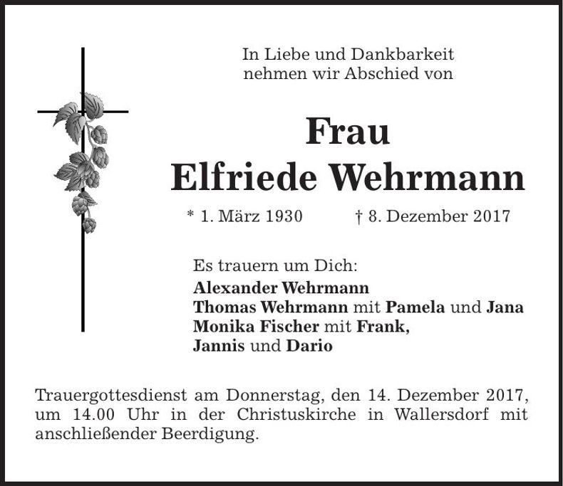 Traueranzeige Elfriede Wehrmann
