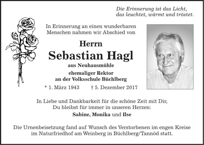Traueranzeige Sebastian Hagl