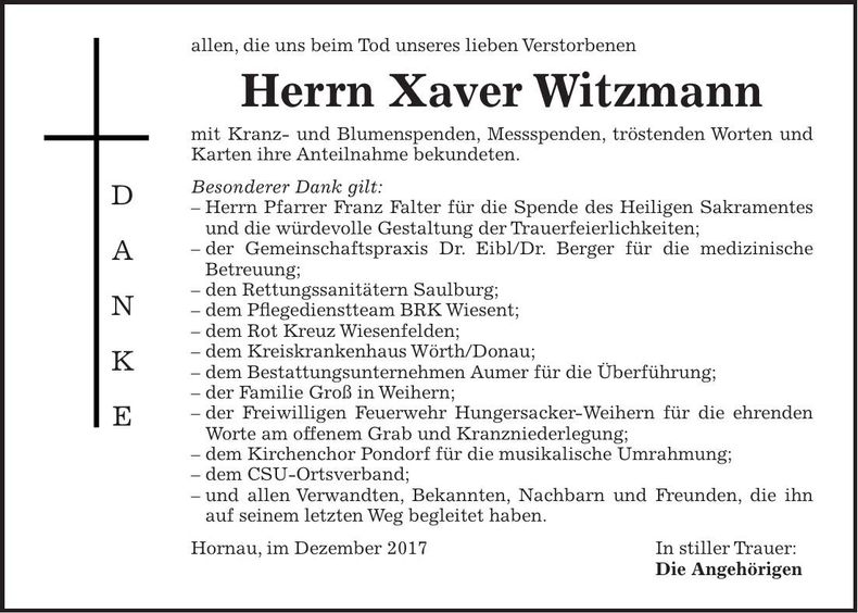 Traueranzeige Xaver Witzmann