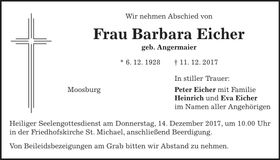 Traueranzeige Barbara Eicher