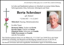 Traueranzeige Berta Schreiner