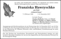 Traueranzeige Franziska Hawryschko