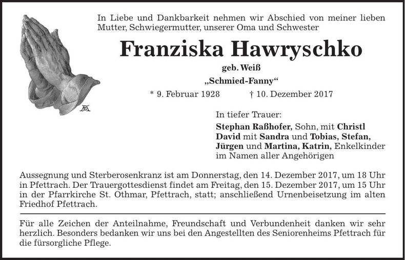 Traueranzeige Franziska Hawryschko