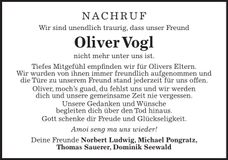 Traueranzeige Oliver Vogl