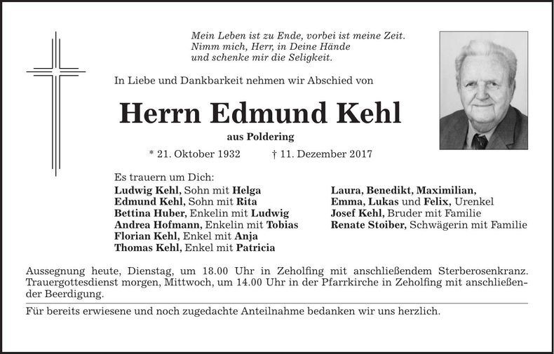 Traueranzeige Edmund Kehl