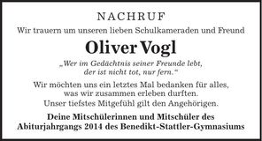 Traueranzeige Oliver Vogl