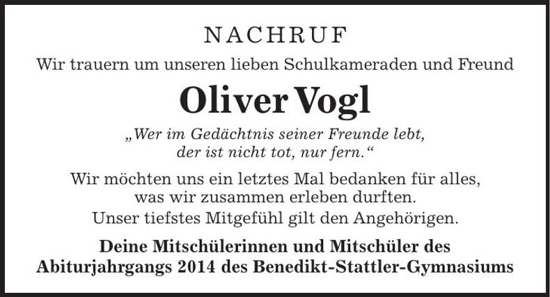 Traueranzeige Oliver Vogl