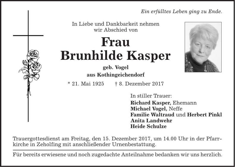 Traueranzeige Brunhilde Kasper