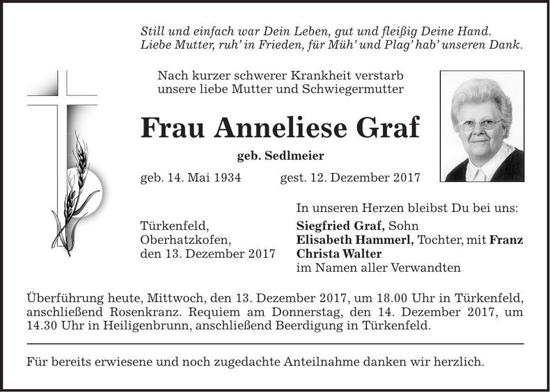 Traueranzeige Anneliese Graf