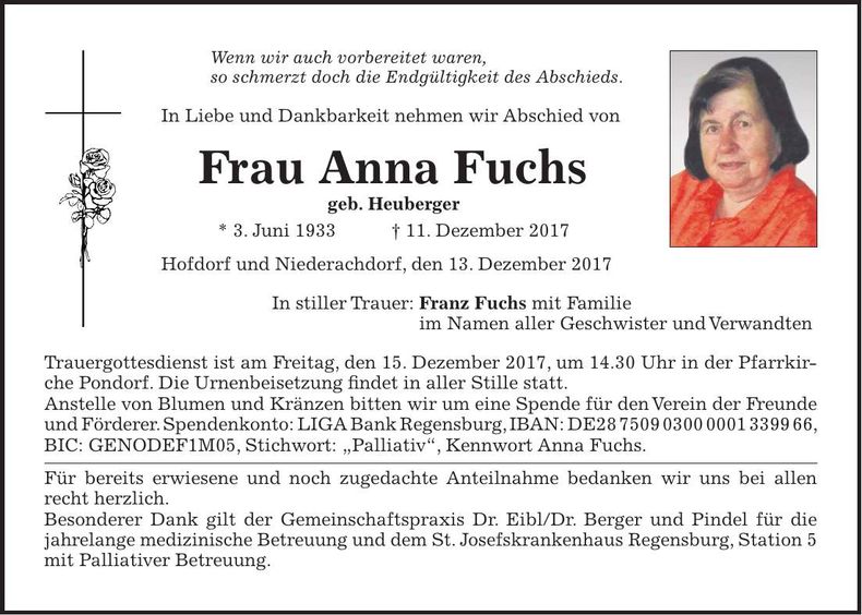 Traueranzeige Anna Fuchs