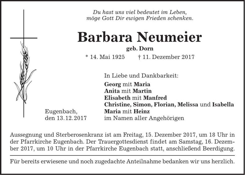 Traueranzeige Barbara Neumeier