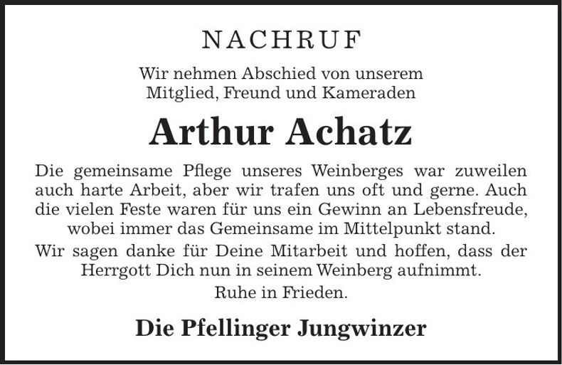 Traueranzeige Arthur Achatz