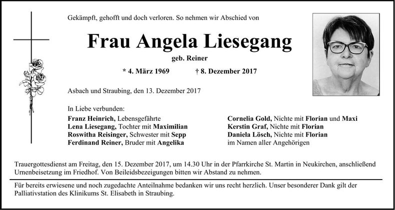 Traueranzeige Angela Liesegang