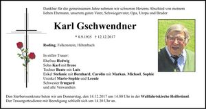 Traueranzeige Karl Gschwendner