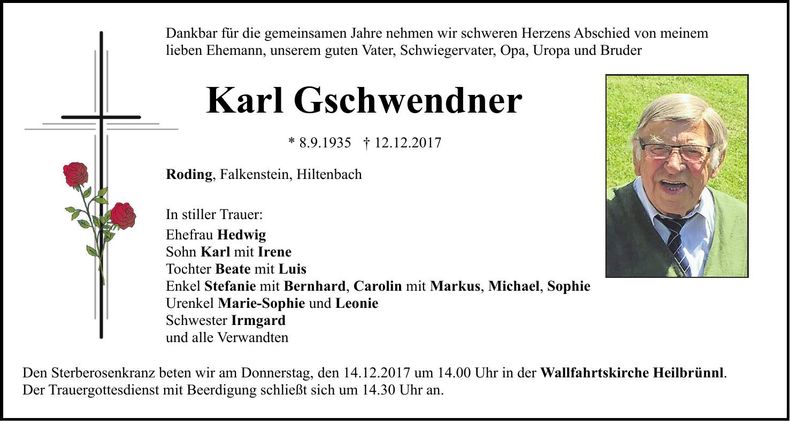 Traueranzeige Karl Gschwendner