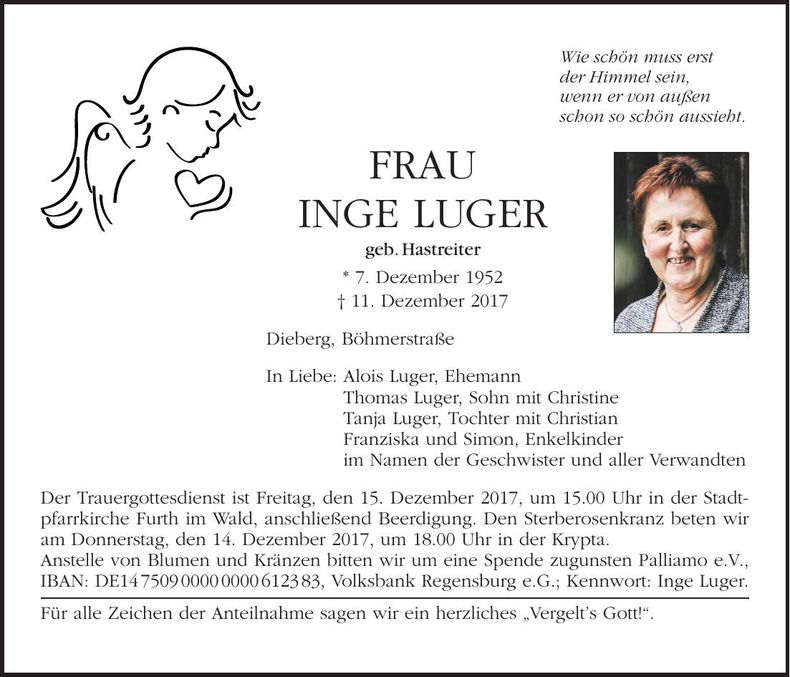 Traueranzeige Inge Luger