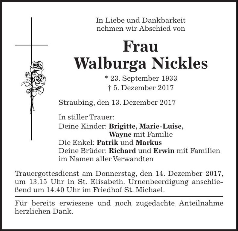 Traueranzeige Walburga Nickles