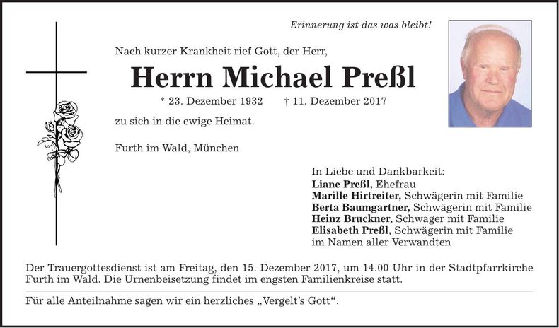 Traueranzeige Michael Preßl
