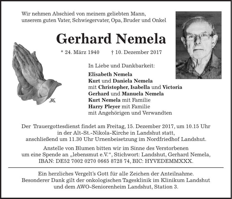 Traueranzeige Gerhard Nemela
