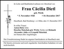 Traueranzeige Cäcilia Dietl