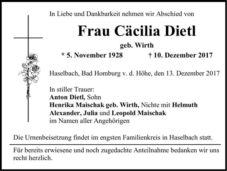 Traueranzeige Cäcilia Dietl