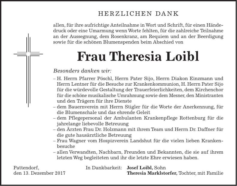 Traueranzeige Theresia Loibl