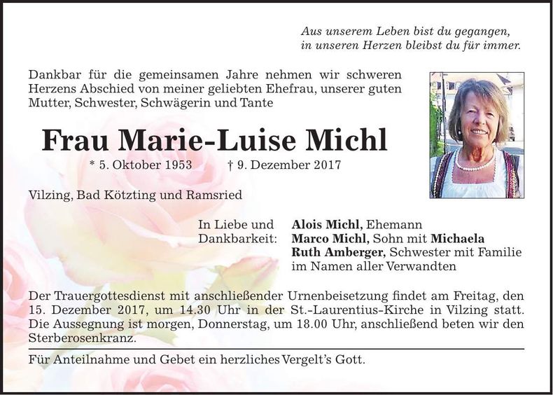 Traueranzeige Marie-Luise Michl