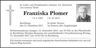 Traueranzeige Franziska Plomer