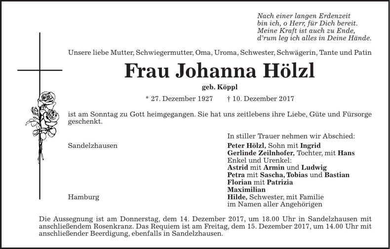 Traueranzeige Johanna Hölzl