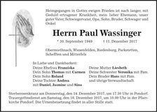 Traueranzeige Paul Wassinger