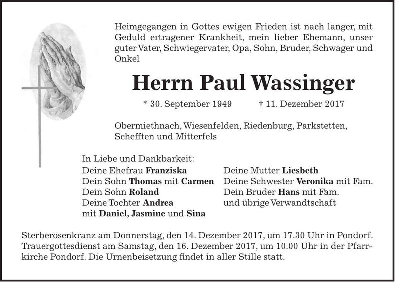 Traueranzeige Paul Wassinger