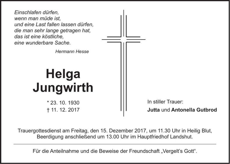 Traueranzeige Helga Jungwirth