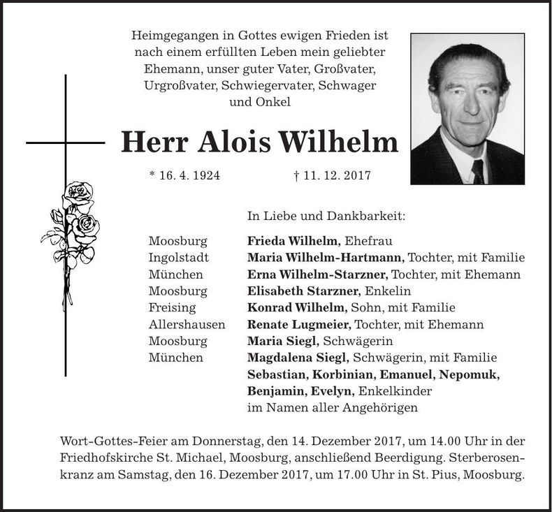 Traueranzeige Alois Wilhelm