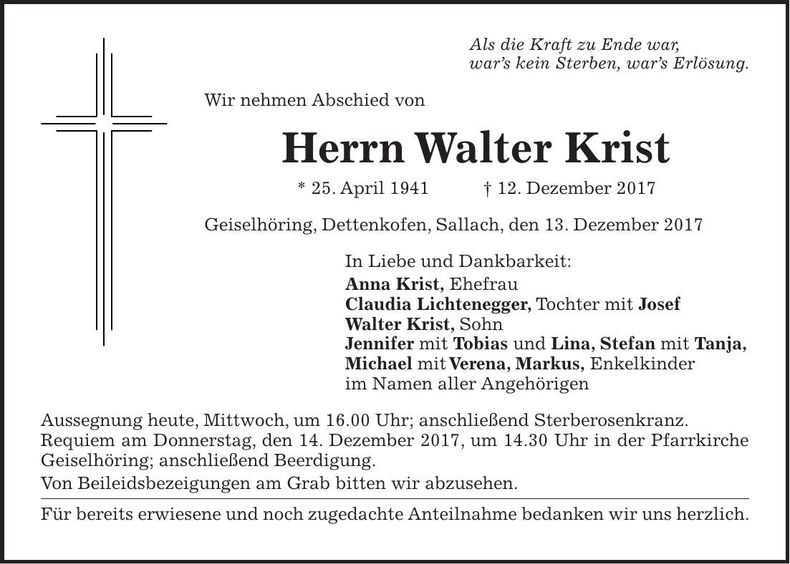 Traueranzeige Walter Krist