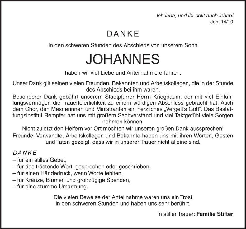 Traueranzeige Johannes Stifter